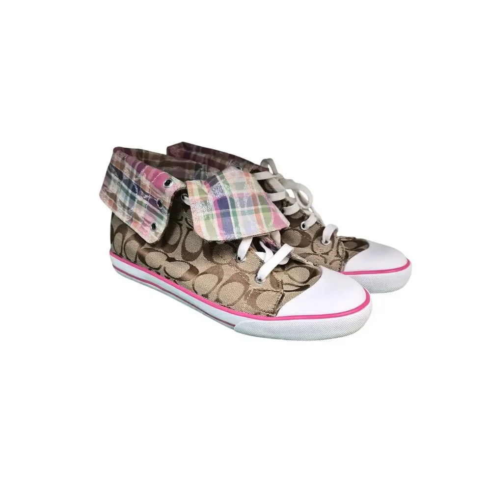 Coach Bonney Q1456 Signature C Plaid Fold Over High Top Sneakers 10B Y2K